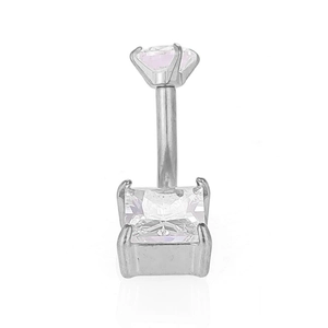 Detailed macro view of 316L stainless steel belly ring with square cut cubic zirconia