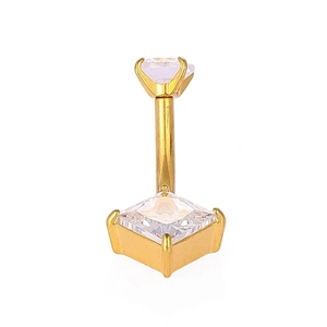 Detail view of 316L stainless steel navel ring featuring a gold-plated square zircon