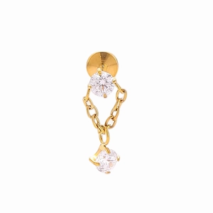 Detail of F136 titanium gold labret stud featuring double cubic zirconia chain dangle style