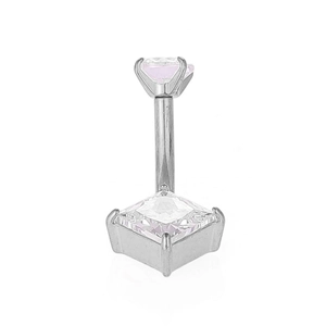Detail view of 316L stainless steel belly ring with double square-cut pink cubic zirconia