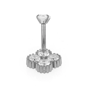 Détail du piercing de nombril tournesol en acier inoxydable 316L avec zircons