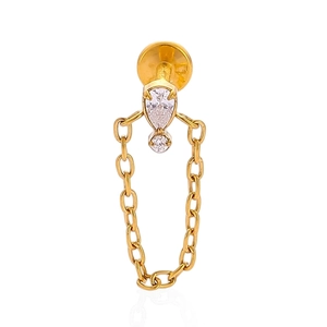 Polished F136 titanium gold flower chain labret earring with sparkling zircon drops