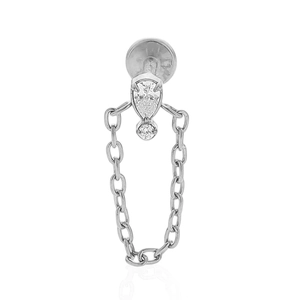 Detail of F136 titanium labret stud featuring a pear-cut crystal with fine chain link