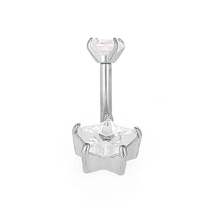 Macro detail of 316L stainless steel navel piercing with star-shaped cubic zirconia stone