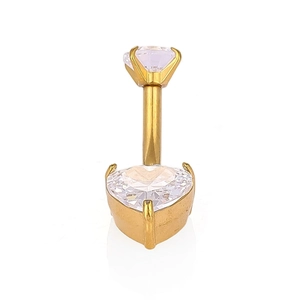 Detail of 316L gold-plated steel navel ring with heart-shaped cubic zirconia