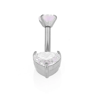 Macro detail of 316L stainless steel navel ring with heart zirconia and purple gemstone