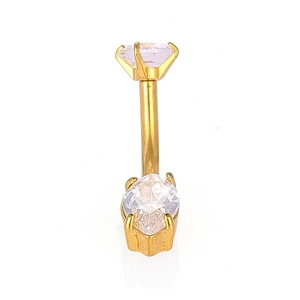 Close-up of 316L stainless steel belly ring with gold finish and sparkling zircons