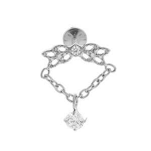 Macro detail of F136 titanium piercing with butterfly wing zircon and hanging chain