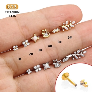G23 Lega di Titanio Zirconia Filettatura Interna Base Piatta Borchia Orecchio Cartilagine Piercing Labbro Cuore Foglia Fiore