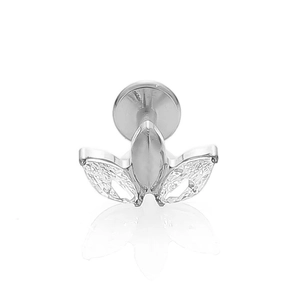Detail view of F136 titanium three-leaf flower labret with polished and textured petals