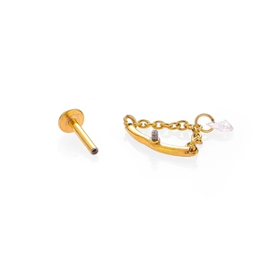 Gold-plated stainless steel labret stud with pink teardrop zircon and chain dangle