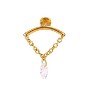 Detailed macro view of a gold titanium drop earring with white zircon pendant