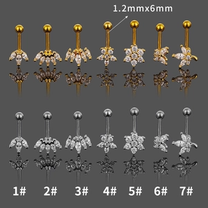 Piercing de ombligo en acero quirúrgico con flores de circón, oro y plata, 1.2mm x 6mm