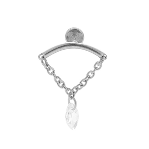 Macro detail of stainless steel body jewelry with chains and marquise zircon pendant