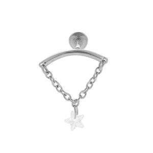 Detail of silver stainless steel lip stud featuring double chain and star pendant design