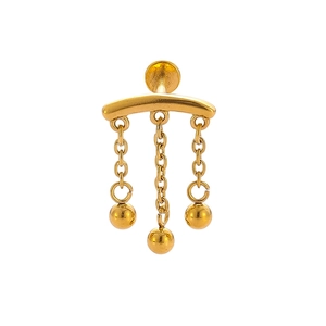 Minimalist gold stainless steel ear stud with three hanging chains and polished beads