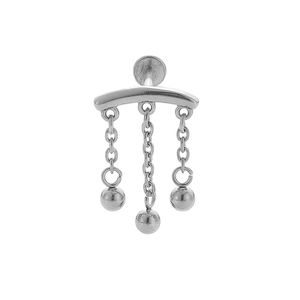 Detail of silver stainless steel earring featuring three metallic chain ball pendants