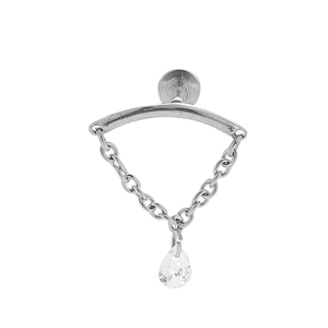 Detailed macro view of a silver stainless steel drop earring with a clear zircon stone