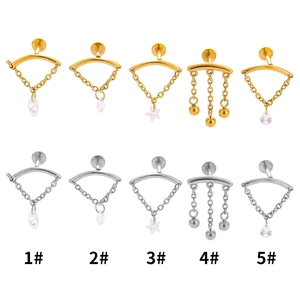 Set of 10 stainless steel piercing studs with zirconia pendants in gold and silver finish