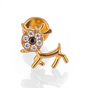 Detailed view of gold reindeer labret stud with pavé cubic zirconia and flat back