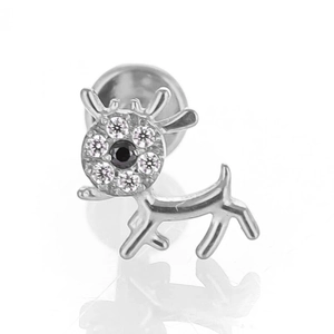 Macro view of elk shaped titanium stud earring with black stone and cubic zirconia