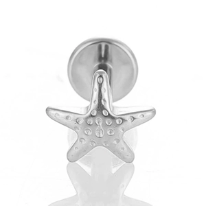 Macro shot of silver starfish labret piercing stud with flat back and textured finish