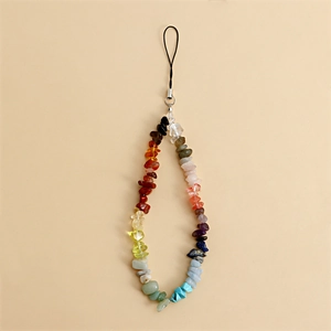 Handmade rainbow natural stone phone charm strap with colorful crystal chips and metal clasp
