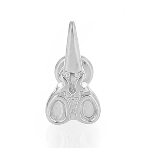 Macro detail of silver titanium scissors stud earring with high polished finish and flat back