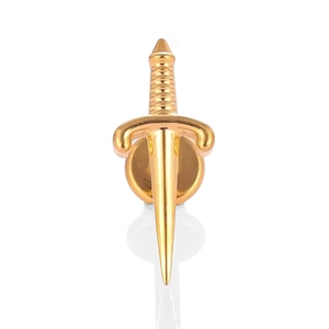 Golden dagger shaped titanium alloy cartilage stud earring with polished finish on white base
