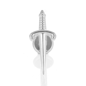 Polished G23 titanium silver dagger stud earring with detailed hilt on white background