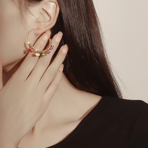 Bohemian large hoop earrings with colorful turquoise stones and gold square beads for women