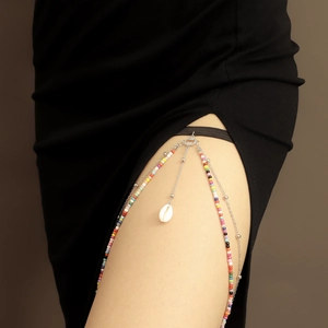 Bohemian colorful beaded thigh chain with white shell pendant and silver ball metal chain