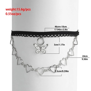 Gothic butterfly heart pendant choker with black lace and silver chain on white model stand
