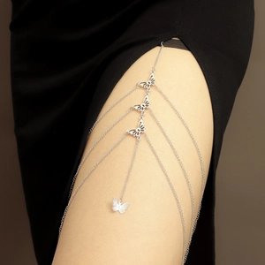 Sexy silver layered butterfly leg chain with tassels and elastic band for women
