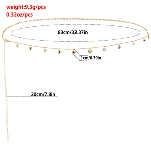 Detailed view of a gold body chain featuring colorful enamel charms and size measurements
