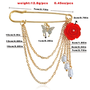 Tableau des tailles détaillé pour broche épingle vintage avec rose, chaînes et perles