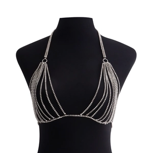 Sexy Multi-Layer Rhinestone Tassel Body Chain For Women Silver Alloy Bikini Chest Chain Party Jewelry Club Accessories