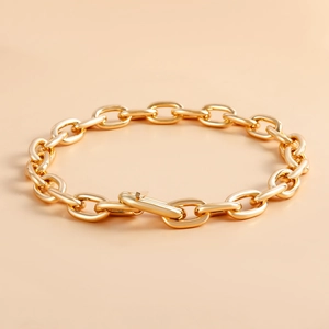 Detailed macro view of the polished gold oval link chain necklace with long lobster clasp