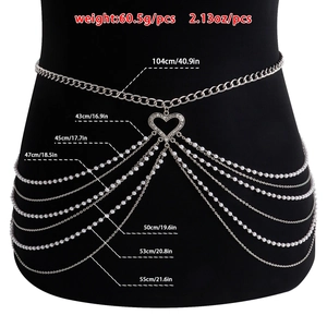 Multi-layer silver body chain with white faux pearls and a hollow heart pendant