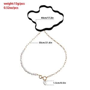 Detailed size specifications for elastic leg chain with pearls and heart pendant