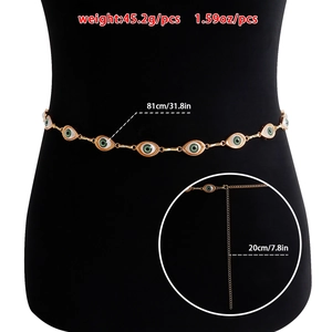 Bohemian gold metal waist chain with green evil eye charms and adjustable link chain