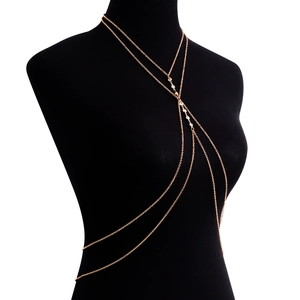 Double-layered gold body chain featuring sparkling zircon studs for sexy beachwear look