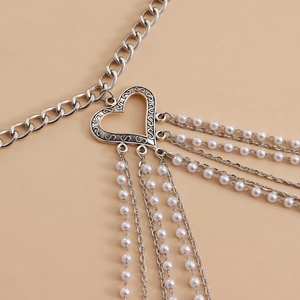 Bohemian multi-layer silver body chain featuring an engraved heart and white faux pearls