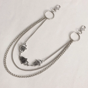 Catena da vita a tre strati in metallo argento con ciondoli mano di Hamsa e moschettoni