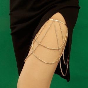Sexy layered gold leg chain with rhinestones and geometric grid for women beach fashion