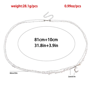 Bohemian double-layered white seed bead waist chain with crescent moon pendant and stone beads