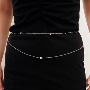 Double-layered silver metal waist chain featuring round beads and a center faux pearl