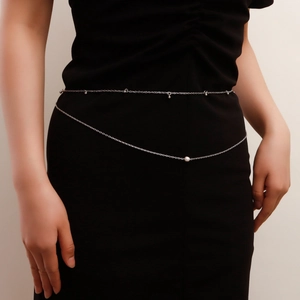 Vintage silver double-layered geometric waist chain with metallic beads and pearl accent