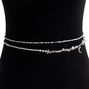 Detailed close-up of bohemian double-layer waist chain with white beads and crescent pendant