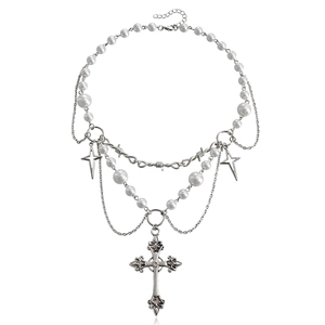 Gothic Punk Multi-Layer Imitation Pearl Cross Pendant Necklace For Women Alloy Star Tassel Y2K Vintage Jewelry Gift